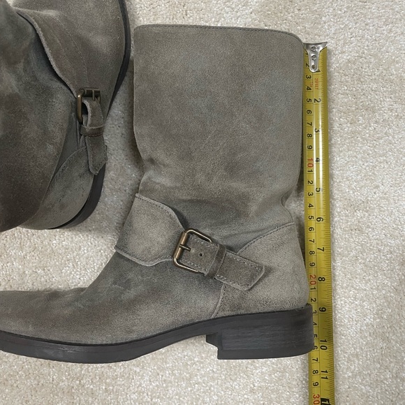 Dixon Grey Suede Size 7 JCrew Mid Calf Pull On Moto Boot w Gold Buckle Detail - Picture 11 of 12